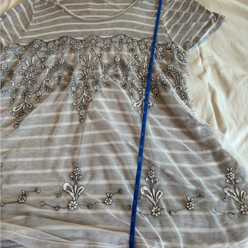 Maurices Gray and White Striped Embroidered Scoop Neck Top with mesh overlay - Picture 6 of 8